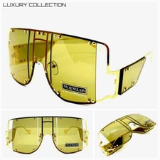EXAGGERATED Modern RETRO SHIELD Style SUN GLASSES Gold Frame Olive Green Lens