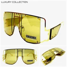 EXAGGERATED Modern RETRO SHIELD Style SUN GLASSES Gold Frame Olive Green Lens
