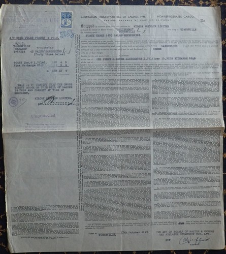 HOLLAND AUSTRALIE LIJN~BILL of LADING~MELISKERK~J.PRADES-MAZAMET~TOWNSVILLE~1947
