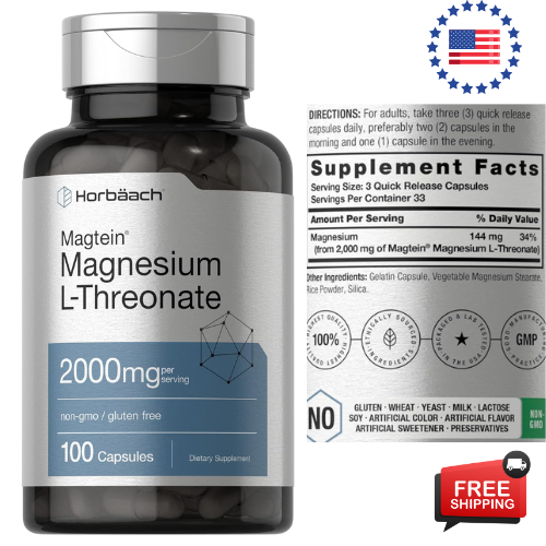 Magtein Magnesium L-Threonate | 2000mg Supplement | 100 Capsules For Men & Women - Picture 1 of 11