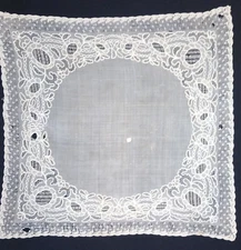 ANTIQUE LINEN BRIDAL HANDKERCHIEF EMBROIDERED ON LINEN 19TH CENTURY 49x 49 CM