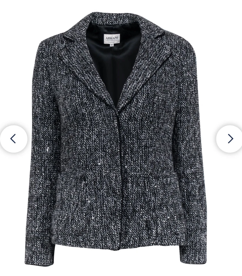 Blazer Armani Collezioni Negro/Blanco Tweed Lana Mezcla Lentejuelas Talla 8 con Certificado de Autenticidad Foto 2 de 4