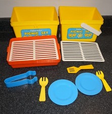 Fisher Price Picnic Set Lot 2 Baskets Yellow Red Plates Grill Tops Utensils 1985