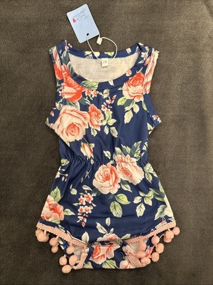 GIRLS BLUE  Flowers Roses POM POM ROMPER SIZE 70 fits approx. 6 9 months