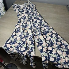 Vintage Sans Souci Small Blue Floral Romper Tie Back Button Front Wide Leg USA