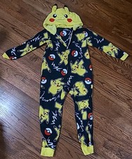 Pokemon Pikachu Pajamas Size S 6/7 One Piece Suit Hooded Yellow Black