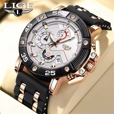 LIGE Men Quartz Watch Chronograph Silicone Wristwatch Fashion Boy Sport Watches