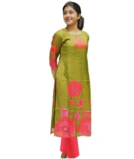 Gosriki Women'S Rayon Viscose Straight Printed Kurta With Pant (Lilapa Green-...