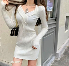 Shein Women's White Ribbed Knit V-Neck Long Sleeve Mini Sweater Dress L M4S161
