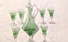 STUNNING VTG HAND BLOWN GreenGlass Decanter SET 6 wine glas/LABELS MADE IN ITALY
