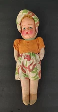 Vintage Cloth Rag Doll Painted Paper Mache Face 10.5" Articulated