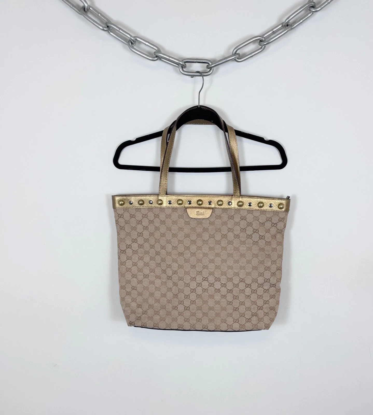 Gucci Babouska Monogram Canvas Beige Brown Tote Bag Hand Bag Studded Medium