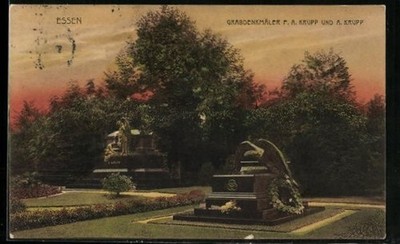 Postcard of Essen, gravestones of FA Krupp and A. Krupp, 1908