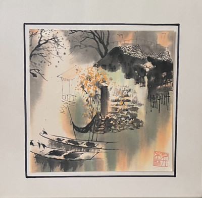 Vintage Chinese Watercolor with White Paper Mat - 8'' x 8''