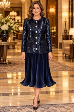 Vintage Louis Feraud Size 14 Sequin Jacket Pleated Trumpet Hem Skirt Suit Lined