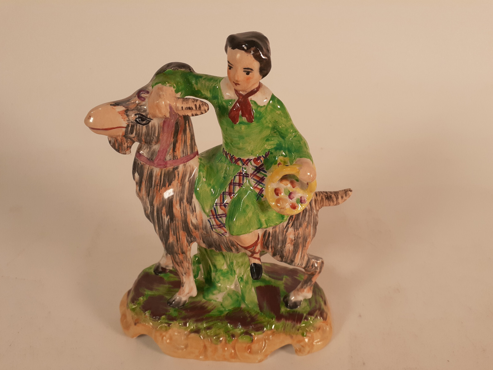 Staffordshire Figurine, Boy Riding Goat, 19th Century, 7" Tall, Signed
