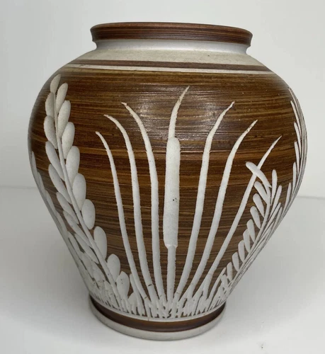 Studio Art Pottery Bowl Vase Cattails Reeds Brown Textured Signed Alan Bruner
