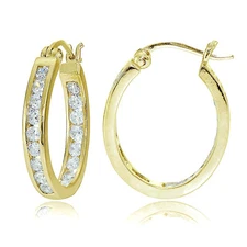 Yellow Gold Flashed Sterling Silver CZ Channel Set Inside-Out Oval Hoop Earrings