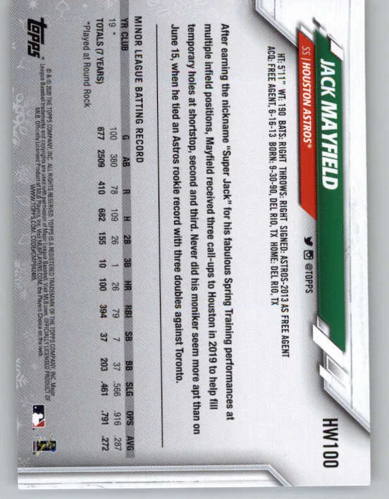 2020 Topps Walmart Holiday #HW100 Jack Mayfield RC (ref 146758) - Image 2 of 2