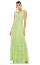 Mac Duggal Dress Gown Size 2 Line Green Beaded Sequin V Neck Tiered 5783 $698