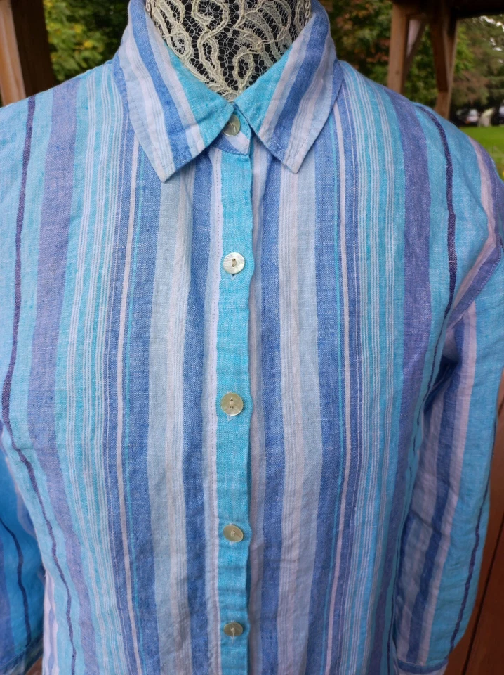 Studio Works 女式长款 Slv 束腰上衣衬衫亚麻条纹蓝色 S 码贝壳扣 — 第 3/4 张图片