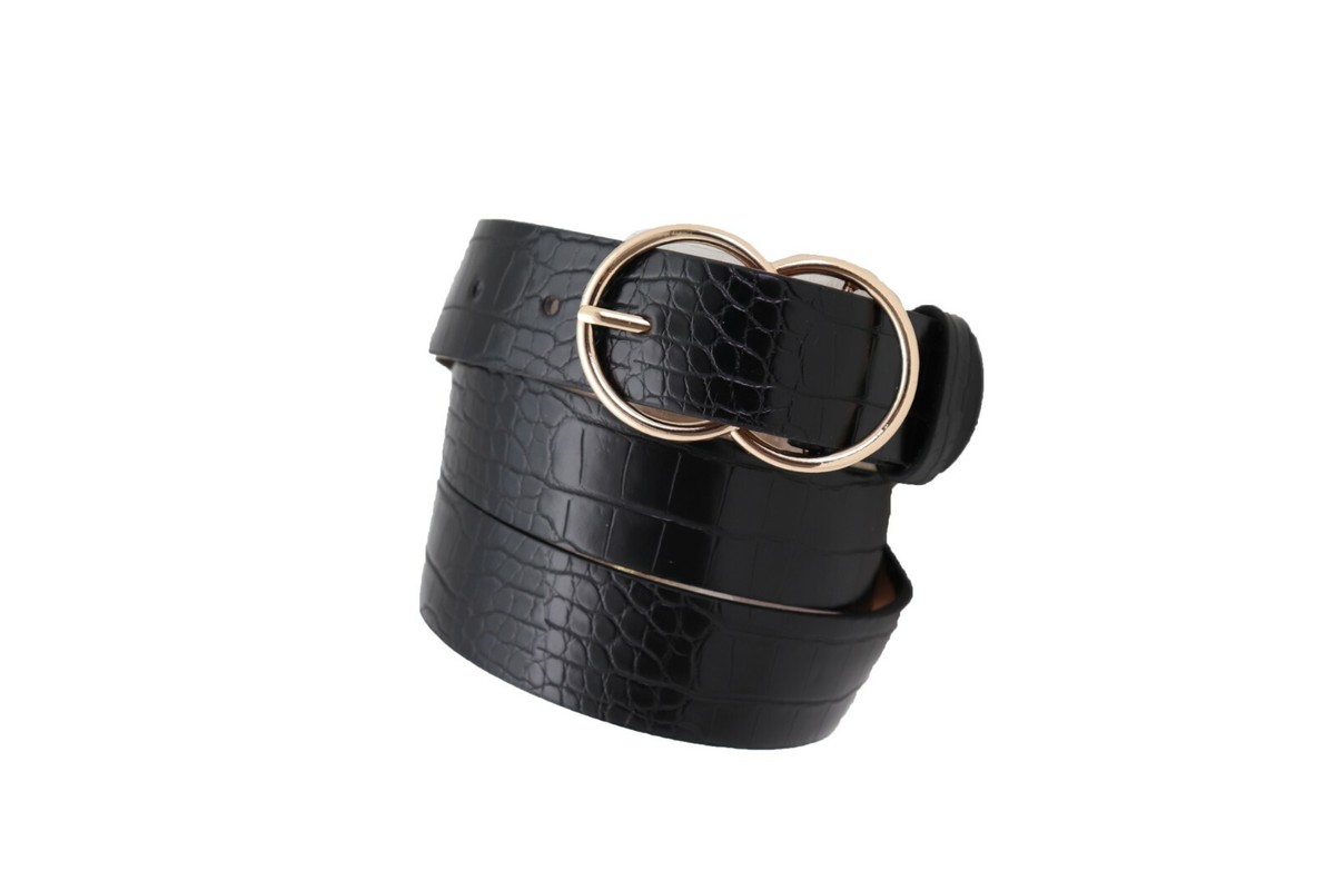 Women Belt Black Faux Leather Crocodile Stamp Gold Metal 