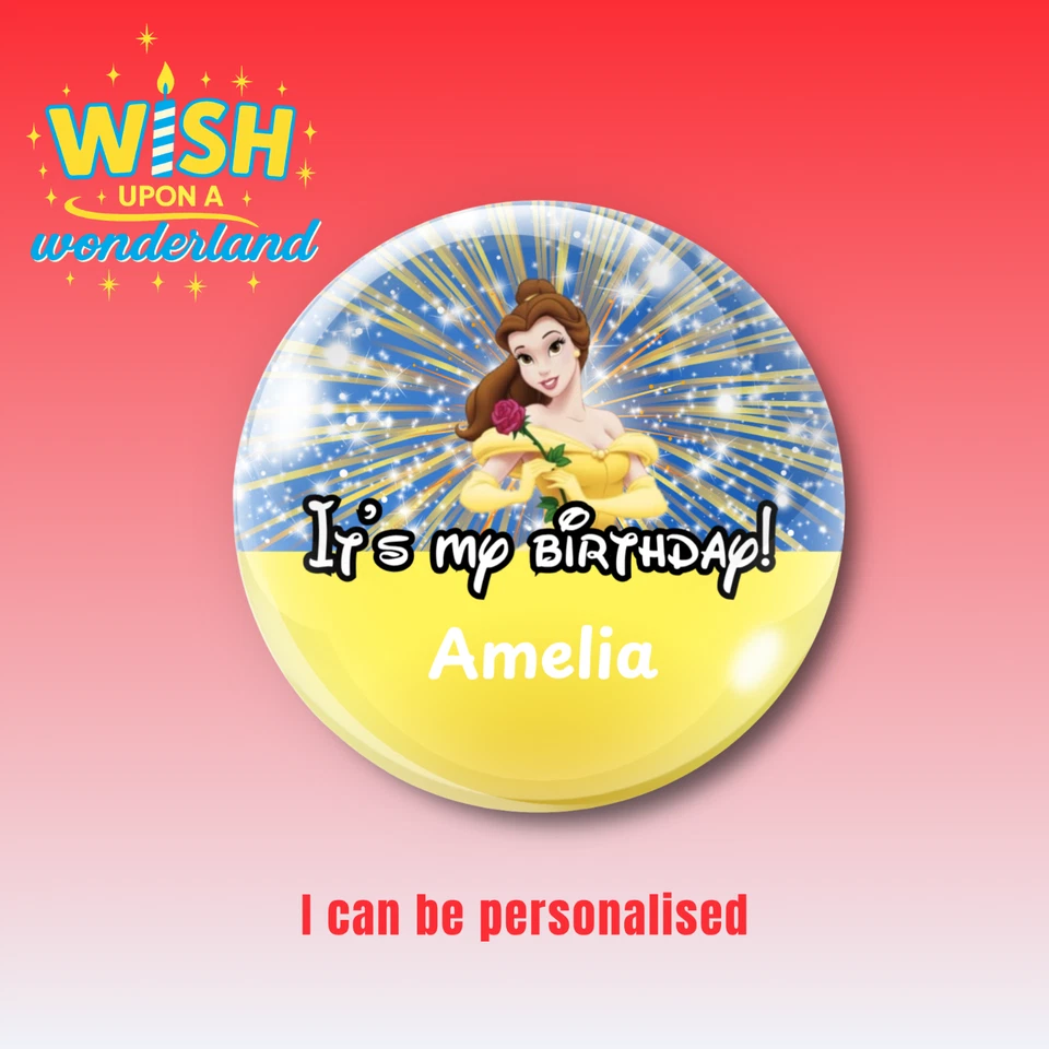 Bella -La Bella y la Bestia - Insignia Botón Cumpleaños Personalizada Princesa Disney Foto 2 de 4
