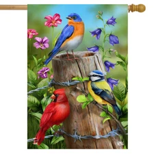 Fence Post Birds Spring House Flag Cardinal Bluebird 28" x 40" Briarwood Lane