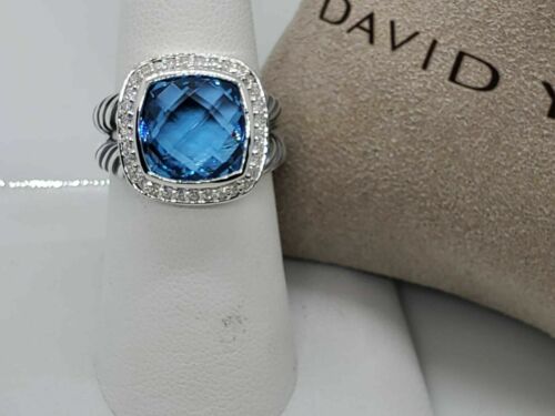 David Yurman Sterling Silver Albion Ring 11mm with Blue Topaz and Diamonds Sz 7 - Picture 2 of 5