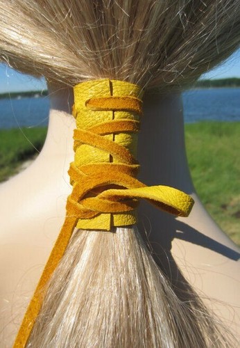 Ponytail Holder Genuine Leather Hair Wrap Ties BOHO Accessories Turquoise Blue - Picture 18 of 23