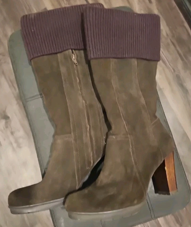Kenneth Cole Chunky Y2K Leather Tall Boots Brown Platform Heel 70s 80s Boho - Image 2 of 4