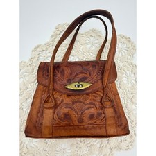Vintage 60s Hand Tooled Leather Purse Mexican Floral Saddle Bag Brass Lock