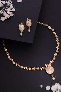 Authentic Gold Plated Leaf Design AD Necklace Set with Matching Stud Earrings for Women