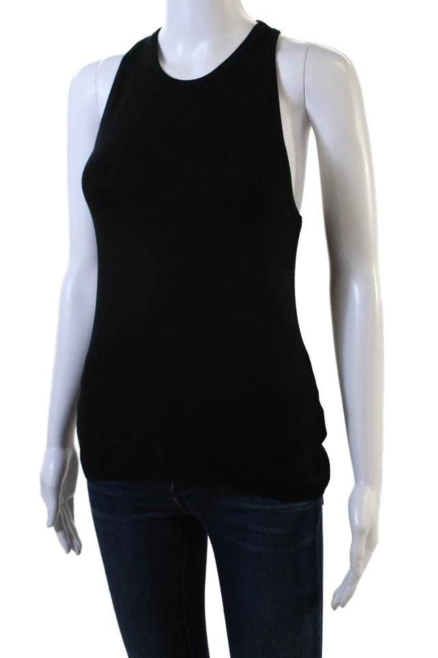 Camiseta sin mangas ALC para mujer cuello redondo elástica acanalada tejida negra talla pequeña Foto 2 de 4