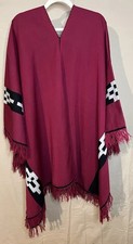 HANDMADE Dark Red Wool Blend Poncho VINTAGE Blanket Women s OS