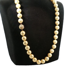 Vintage 22" Champagne Pearl Necklace Glass Beads Rhinestone Clasp Retro Style
