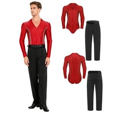 Mens Outfits Ballet Dancewear Jazz 2 Piece Dancing Front Zip Leotard V Neck