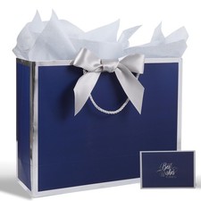 Blue Gift Bag with Ribbon, 13 Large Gift Bag with Handle, Greeting Card 2 Ti...