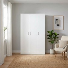 Dakota White 3 Door Wardrobe Bedroom Storage Cupboard with Shelf Hanging Rail