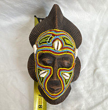 African Hand Carved Wood Mask with Beaded & Cowrie Shell Decor Handmade