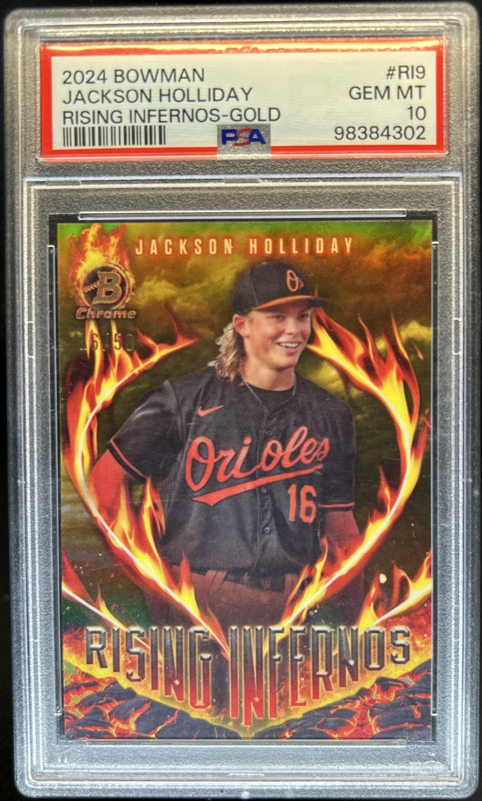 2024 Bowman Jackson Holliday Rising Infernos Chrome Gold Refractor RC /50 PSA 10 view 1