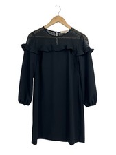 Loft Black Ruffle Pills Dot Long Sleeve Dress 0P LBD