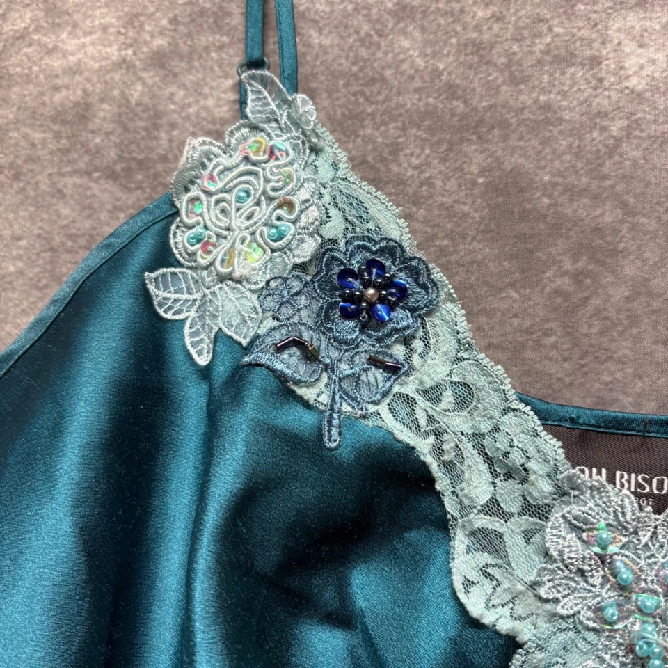 Camiseta sin mangas Y2K Bisou Bisou encaje ribete babydoll camisola talla 12 verde azulado satinado cuentas Foto 2 de 4