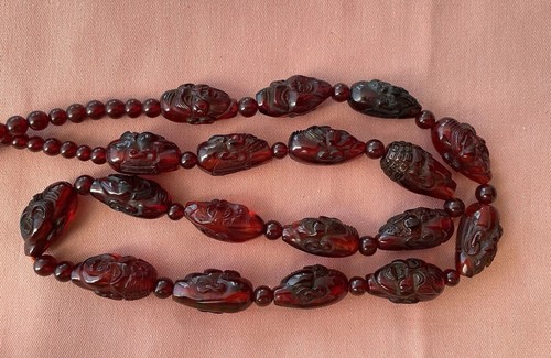 Vtg Chinese Buddha Monk Arhat Carved Cherry Amber Bakelite Beads 33” Necklace.u - Picture 5 of 12