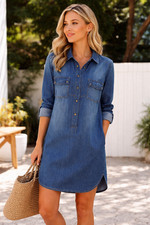 Denim Tunic Shirt Dress Women Long Sleeve Button Snap Pockets Blue S