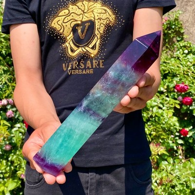 2.2LB  Natural Rainbow Fluorite Quartz Healing Stone Crystal Point Wand Obelisk