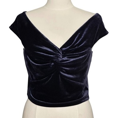 MINKPINK Womens Top L Dark Navy Velvet Twist Front Off Shoulder Crop Whimsigoth