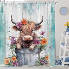 Cute Baby Highland Cow Shower Curtain Farmhouse Teal Wooden Shower Curtain for B