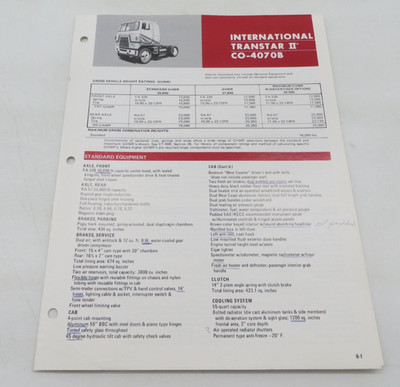1970's INTERNATIONAL TRUCKS TRANSTAR II CO-4070B Data Spec Sheet Dealer Brochure