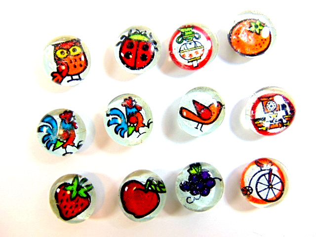 12 older domed glass magnets with colorful animals, fruit, etc.: Made in Japan